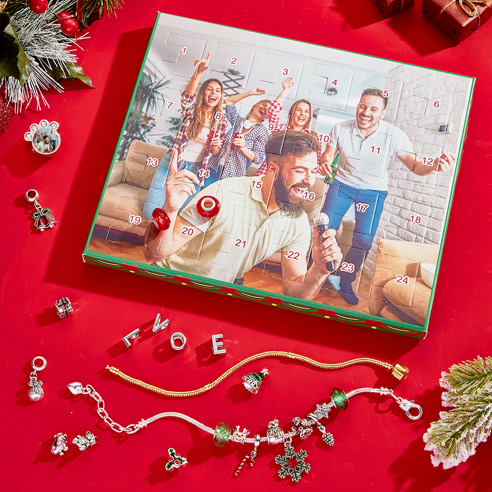 Gioielli Con Foto Personalizzati, Calendario Dell'avvento, Ciondolo Con Foto, Braccialetto Con Scatola Cieca A Sorpresa Natalizia, Braccialetto Con Scatola Regalo Con Conto Alla Rovescia Per 24 Calendari Per Un Amico