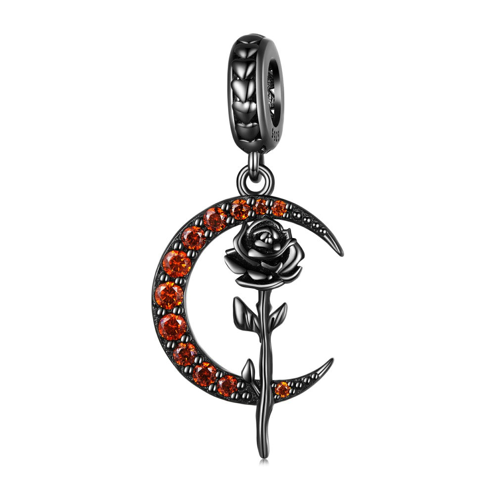 black rose and moon dangle charm 925 sterling silver yb2444