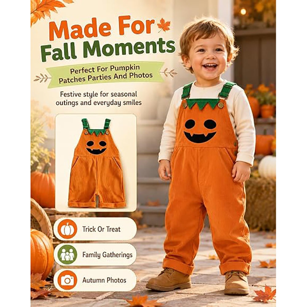 Salopette In Velluto A Coste Con Zucca Di Halloween – Simpatici Pantaloni Con Bavaglino A Blocchi Di Colore Per Bambini Da 1 A 5 Anni - soufeelit