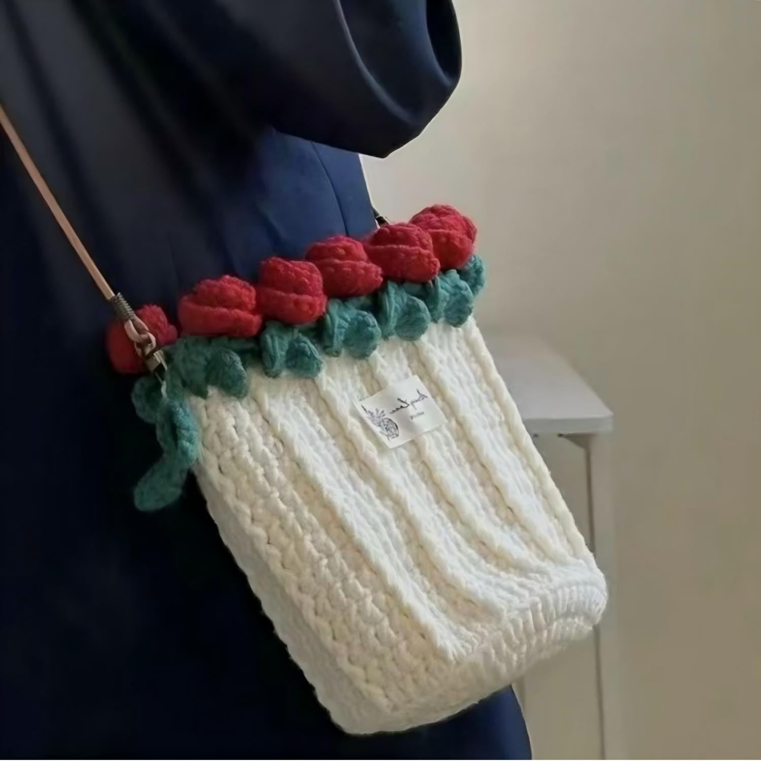 Borsa A Secchiello Intrecciata Con Bouquet Di Rose Lavorate A Maglia, Pronta All'uso, Regalo Per Mamma E Fidanzata. - soufeelit
