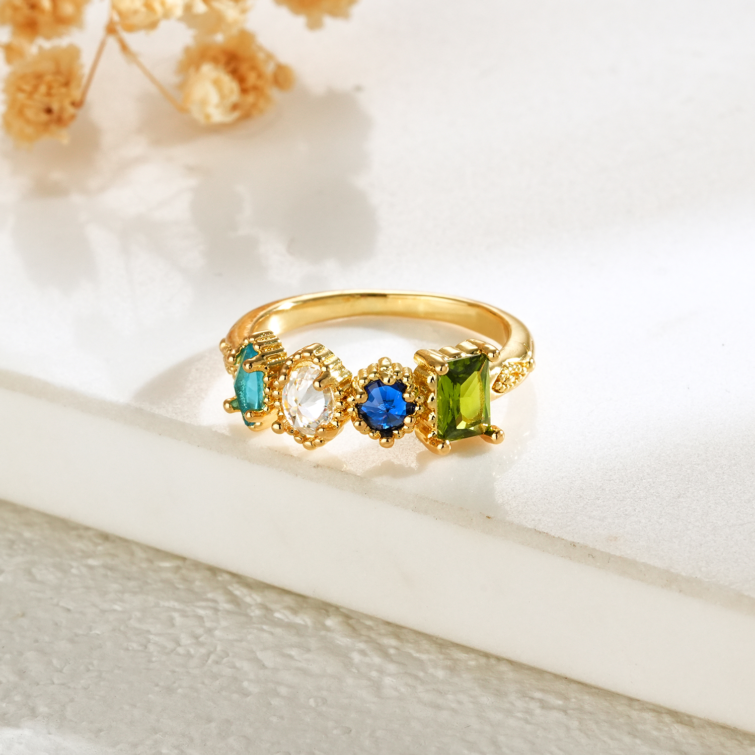 Anello Con Pietre Portafortuna Personalizzato, Anello Vintage Milgrain Multiplo Per Mamma E Nonna - soufeelit