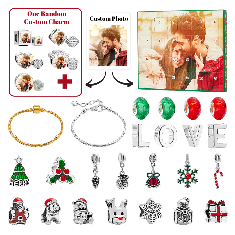 Gioielli Con Foto Personalizzati, Calendario Dell'avvento, Ciondolo Con Foto, Braccialetto Con Scatola Cieca A Sorpresa Natalizia, Braccialetto Con Scatola Regalo Con Conto Alla Rovescia Per 24 Calendari