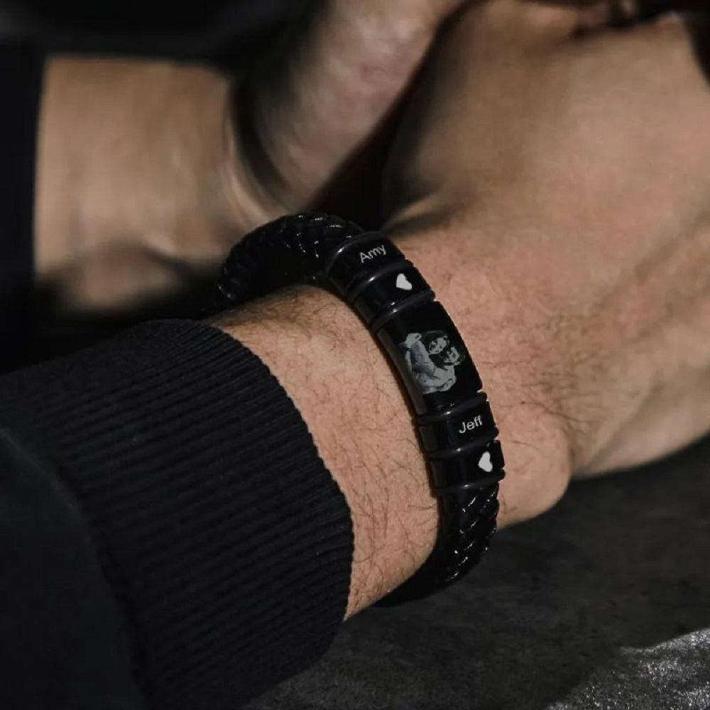 Bracciale Da Uomo Con Foto Personalizzata Incisa, Braccialetto In Pelle, Regali Per Lui