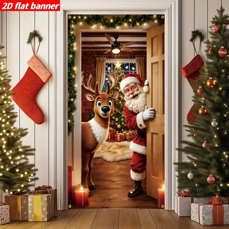 Copriporta Natalizio Tessuto Elastico In Seta Di Latte Banner Avvolgente Per Porta Natalizia Decorazione Per Porta D'ingresso Con Renne Di Babbo Natale Stampa Fotografica Personalizzata Supportata - soufeelit