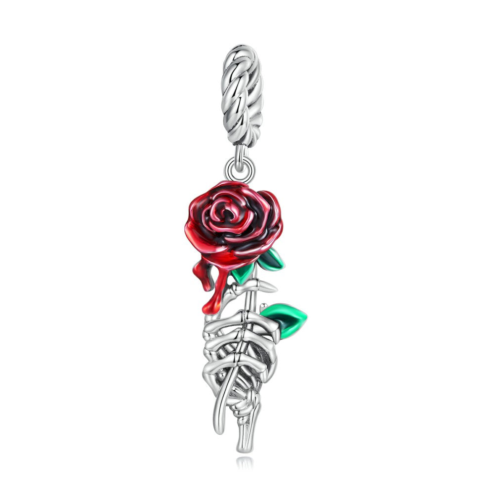 red blood rose dangle charm 925 sterling silver yb2446