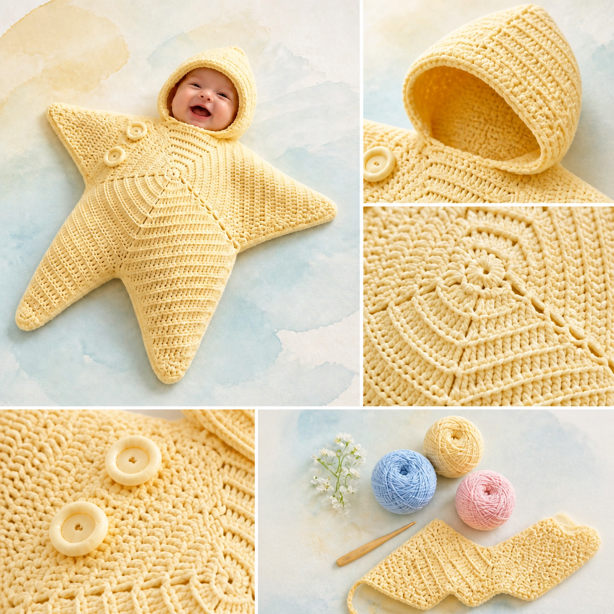 Kit Sacco Nanna Per Bambino Stella Marina All'uncinetto Fai-da-te | Set Di Materiali Per Maglieria E Uncinetto Per Neonato Star Cocoon Fatto A Mano - soufeelit