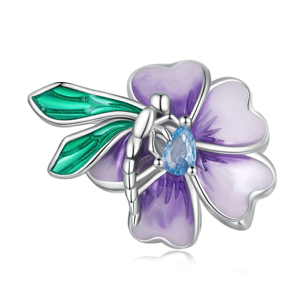 dragonfly flower purple charm 925 sterling silver xs2088