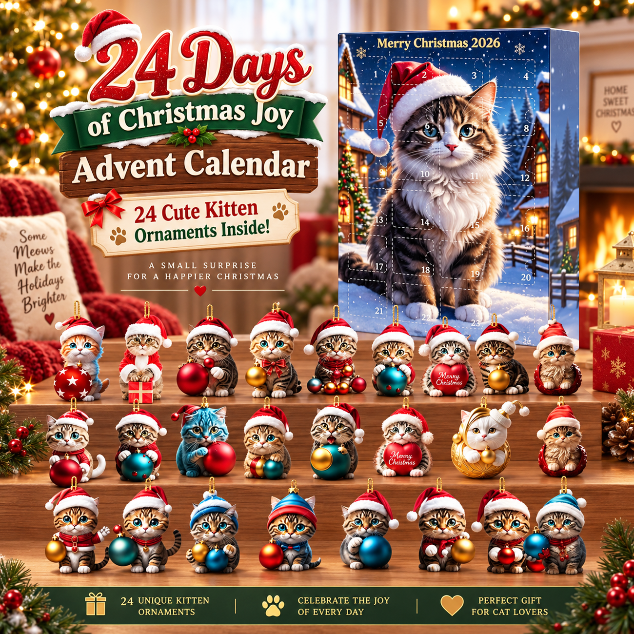 Calendario Dell'Avvento Con Simpatici Gattini – Set Di 24 Ornamenti In Acrilico Per Decorazioni Natalizie E Regali. - soufeelit