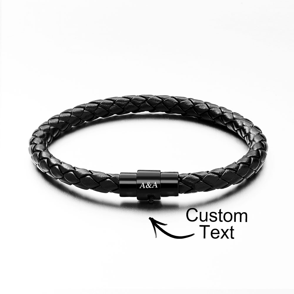 Elegante Braccialetto Con Chiusura In Pelle Nera Personalizzato, Personalizzato Con Le Iniziali Del Fortunato Destinatario, Un Regalo Su Misura Duraturo - soufeelit