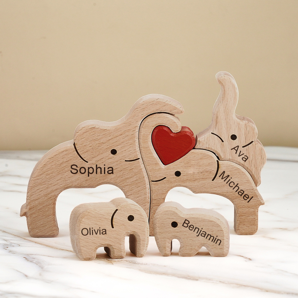 Puzzle natalizio personalizzato con elefante in legno per famiglia, regalo, nomi personalizzati, decorazioni per la casa, regali per l'inaugurazione della casa