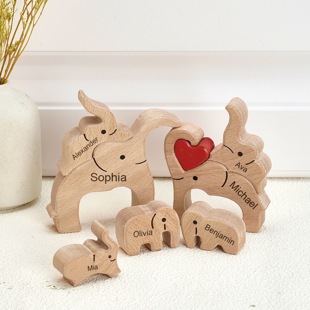 Puzzle natalizio personalizzato con elefante in legno per famiglia, regalo, nomi personalizzati, decorazioni per la casa, regali per l'inaugurazione della casa