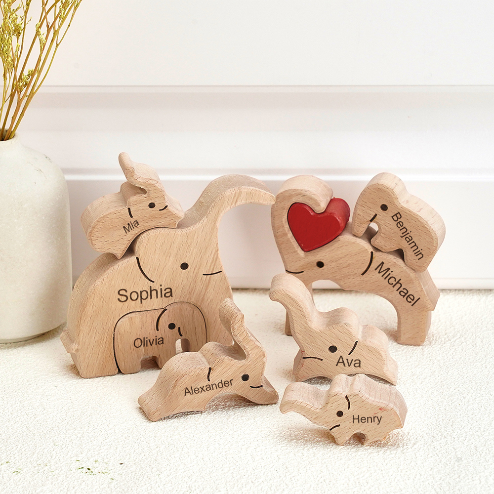 Puzzle natalizio personalizzato con elefante in legno per famiglia, regalo, nomi personalizzati, decorazioni per la casa, regali per l'inaugurazione della casa