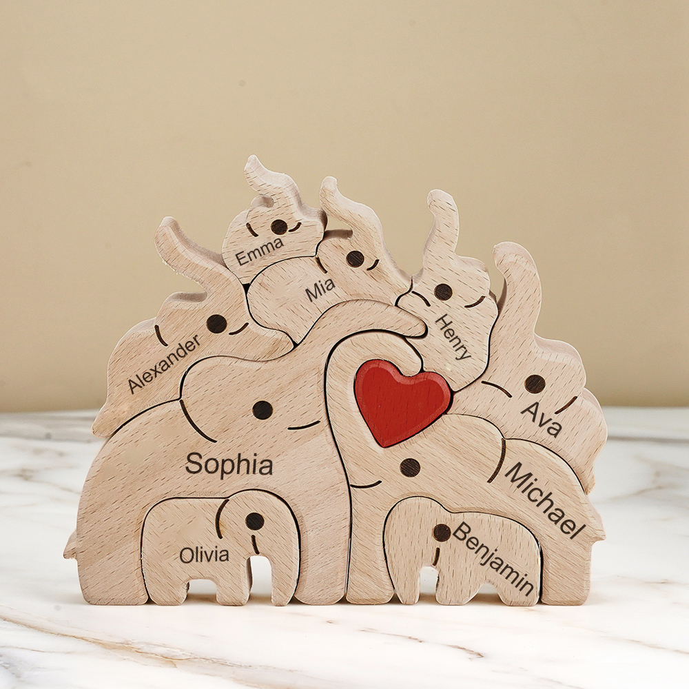Puzzle natalizio personalizzato con elefante in legno per famiglia, regalo, nomi personalizzati, decorazioni per la casa, regali per l'inaugurazione della casa