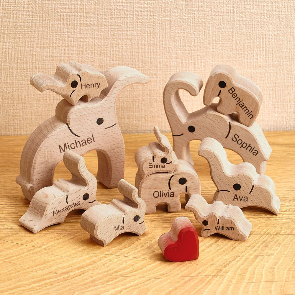 Puzzle natalizio personalizzato con elefante in legno per famiglia, regalo, nomi personalizzati, decorazioni per la casa, regali per l'inaugurazione della casa