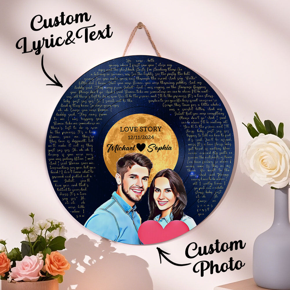 Testi Di Canzoni E Ritratto In Vinile Personalizzati, Cartello Rotondo In Legno, Regalo Per L'amante - soufeelit