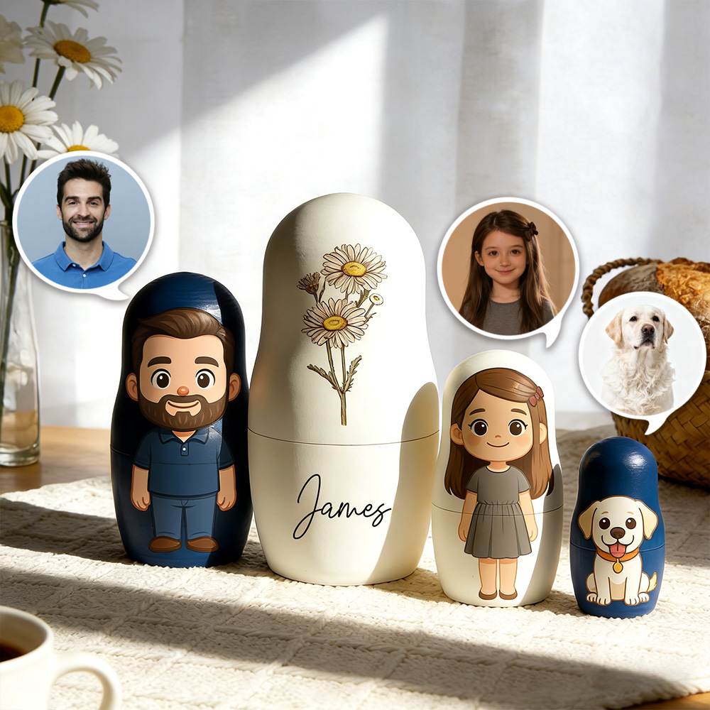 Ritratto Di Fiore Di Nascita Personalizzato, Bambola Nidificante, Ritratto Personalizzato Con Nome, Stile Cartone Animato, Regalo Di Compleanno - soufeelit