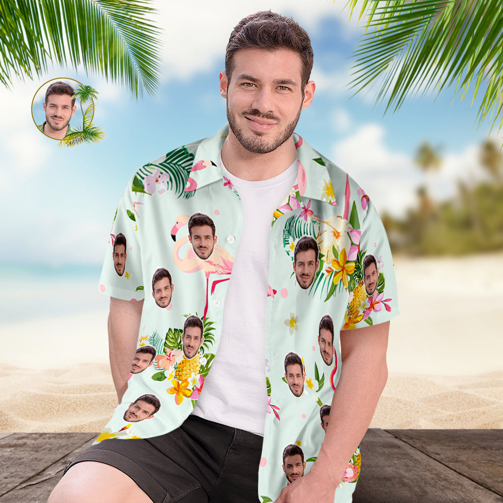 Camicia Hawaiana Con Faccia Personalizzata Camicia Aloha Con Stampa Integrale Da Uomo, Regalo - Romantica Hawaiana E Fenicotteri
