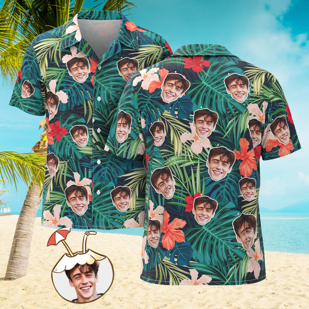 Camicia Da Uomo Personalizzata Con Stampa Integrale Del Volto Camicia Hawaiana Foresta Tropicale - soufeel