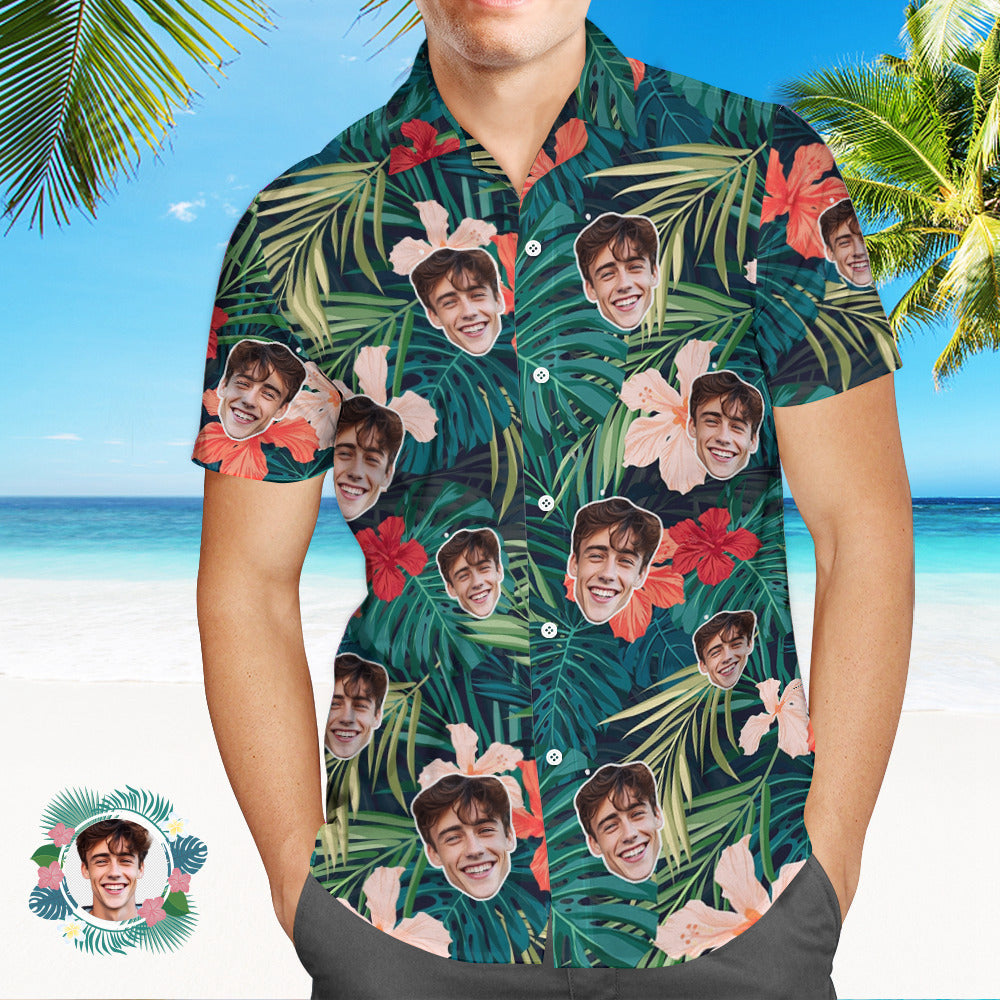 Camicia Da Uomo Personalizzata Con Stampa Integrale Del Volto Camicia Hawaiana Foresta Tropicale - soufeel
