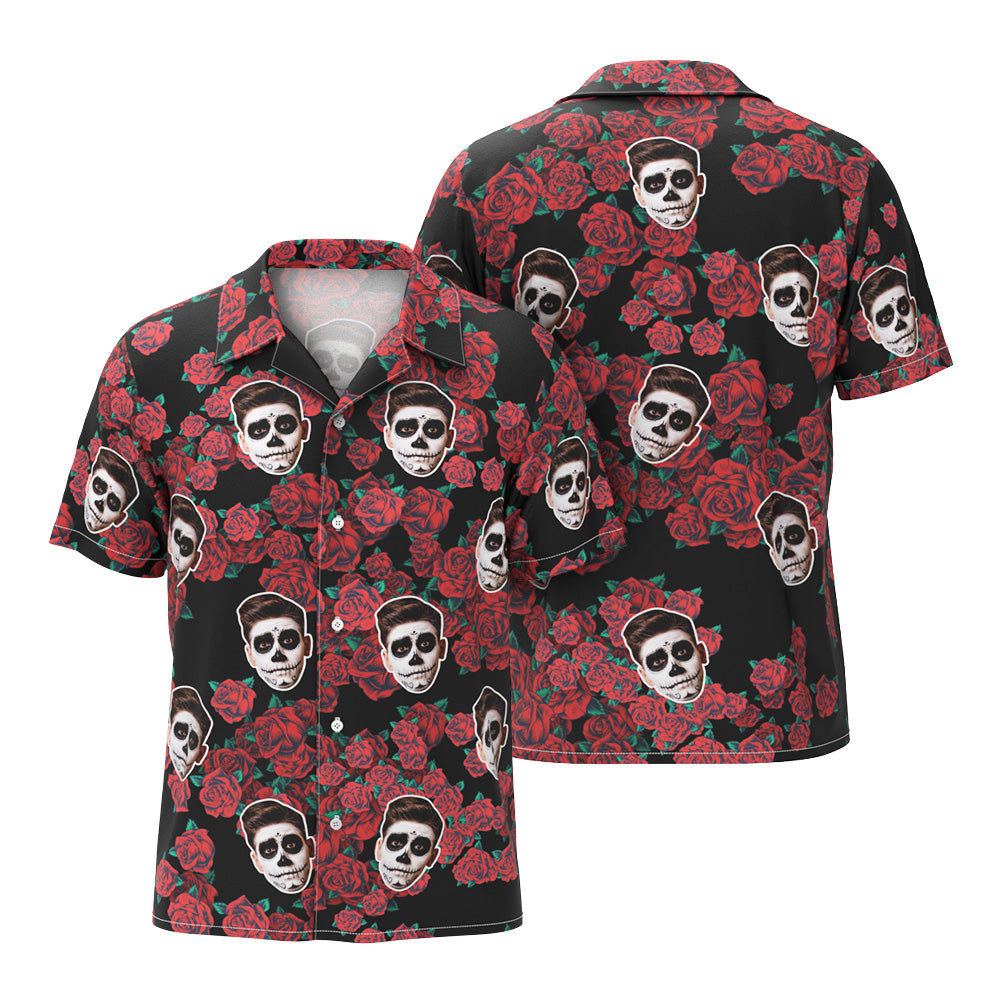 Camicia Hawaiana Personalizzata Con Faccia Buffa Camicia Fotografica Di Halloween Regalo Drammatico Di Halloween Con Rosa Nera - soufeel