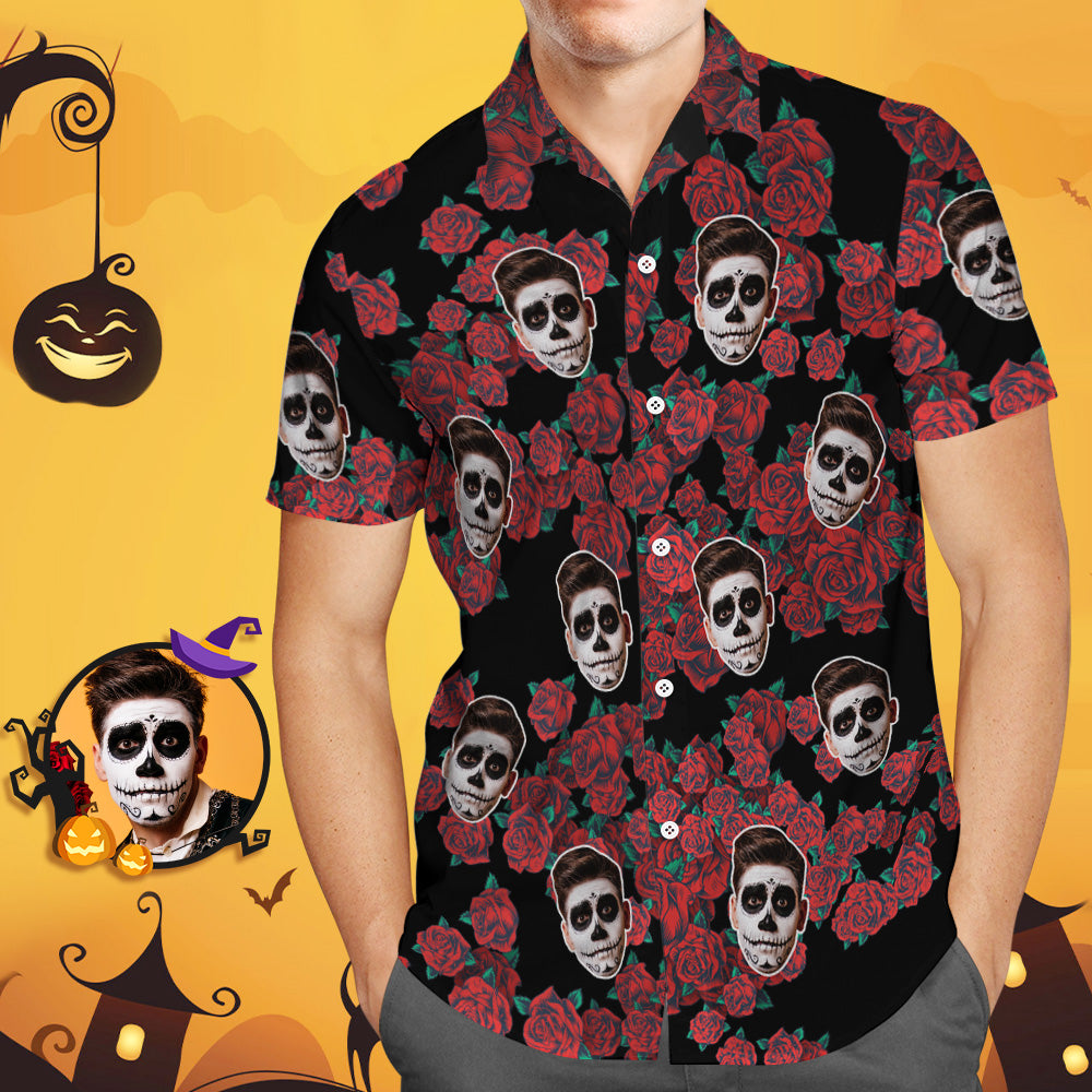 Camicia Hawaiana Personalizzata Con Faccia Buffa Camicia Fotografica Di Halloween Regalo Drammatico Di Halloween Con Rosa Nera - soufeel