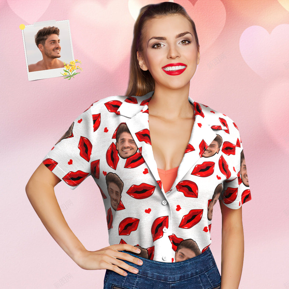 Camicia Hawaiana Con Viso Personalizzato Per Donna Divertenti Labbra Rosse Regalo Personalizzato Per Lei - soufeel