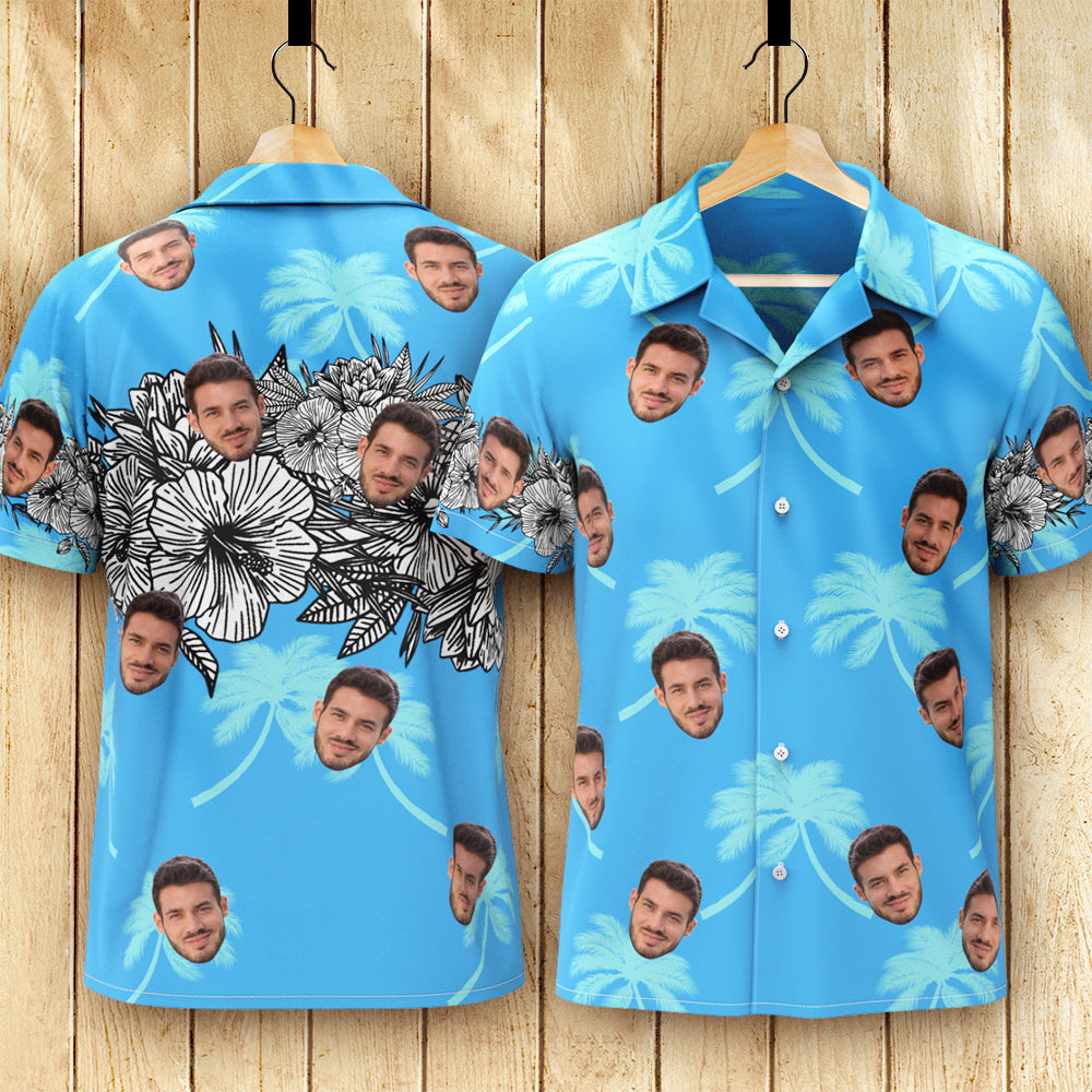Camicia Hawaiana Con Volto Personalizzato Camicia Aloha Con Stampa Integrale Da Uomo, Regalo - Blu - soufeel