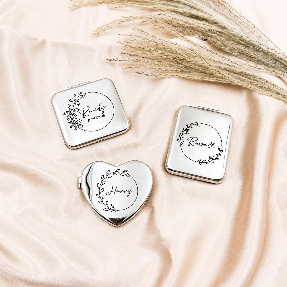 Bomboniera Personalizzata Con Specchio Compatto In Argento Inciso, Specchio Tascabile Con Nome Inciso Personalizzato, Regalo Per Lei, Regali Per La Damigella D'onore, Regali Per La Festa Di Nozze - soufeelit
