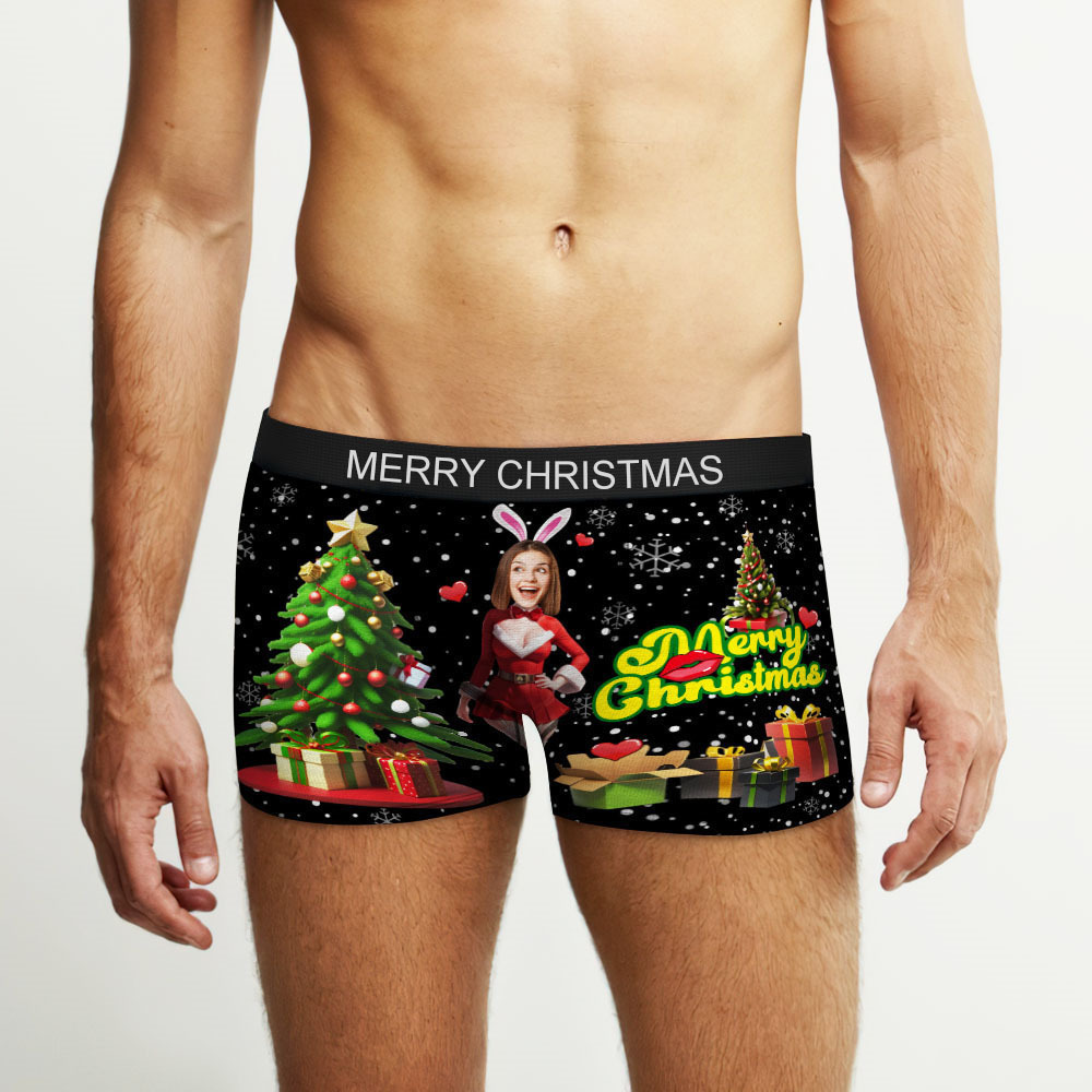 Boxer Con Foto Personalizzato Santa Bunny Girl Face Intimo Coppia Regali Regalo Di Natale Vista Ar - soufeelit
