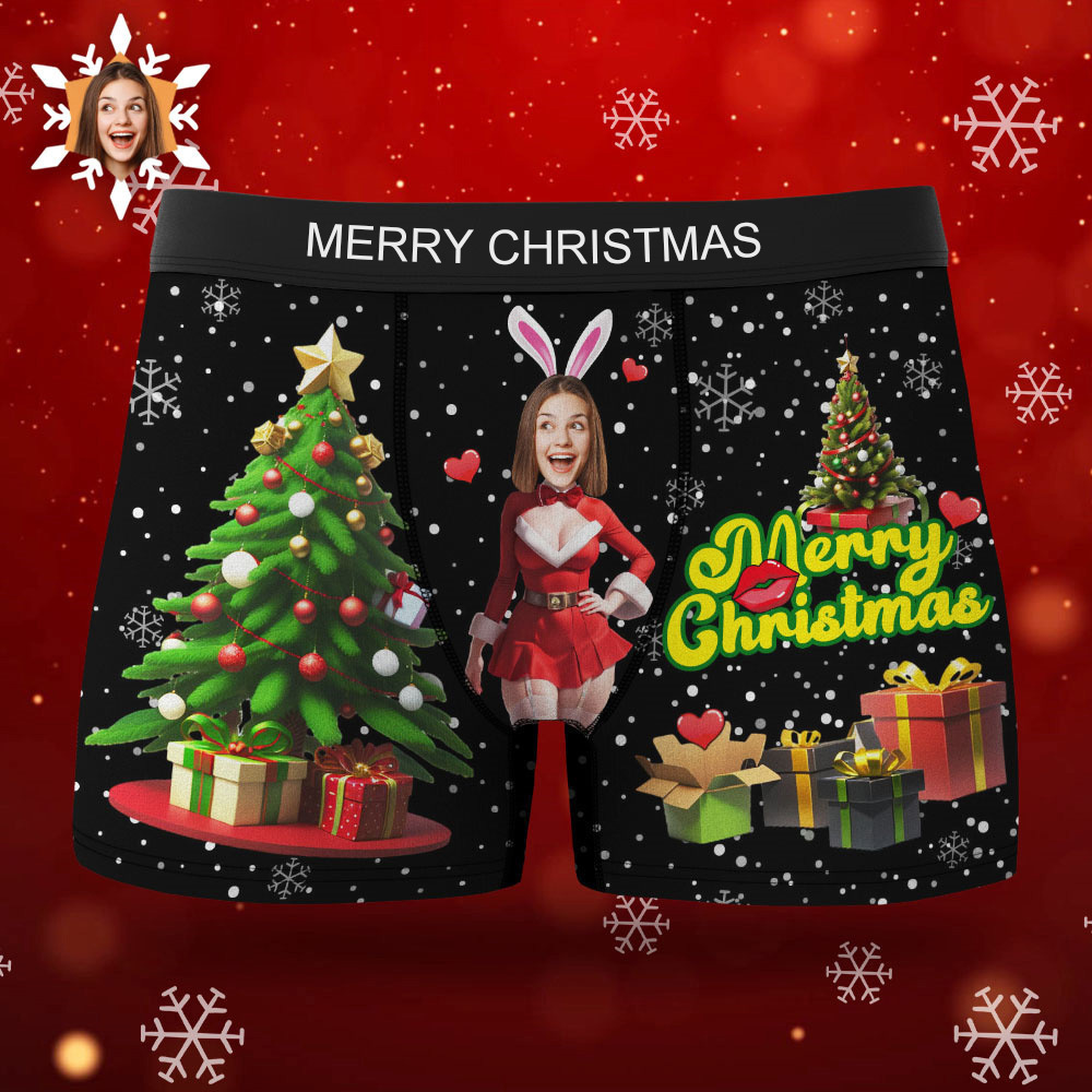 Boxer Con Foto Personalizzato Santa Bunny Girl Face Intimo Coppia Regali Regalo Di Natale Vista Ar - soufeelit