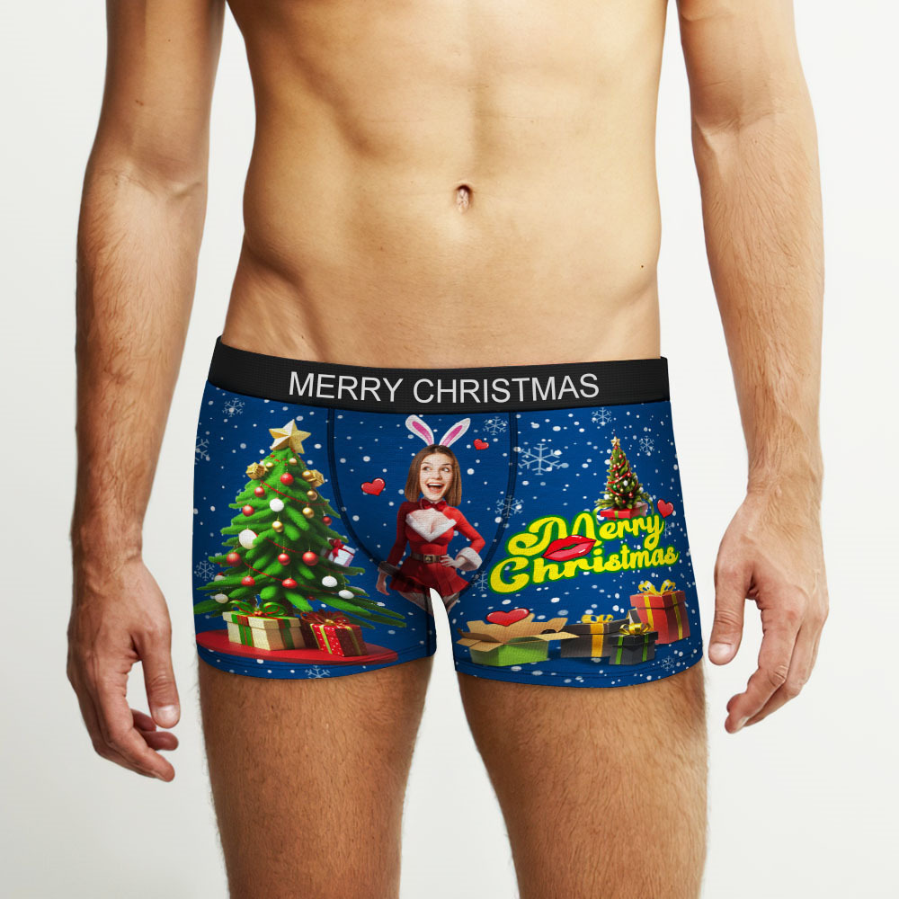Boxer Con Foto Personalizzato Santa Bunny Girl Face Intimo Coppia Regali Regalo Di Natale Vista Ar - soufeelit