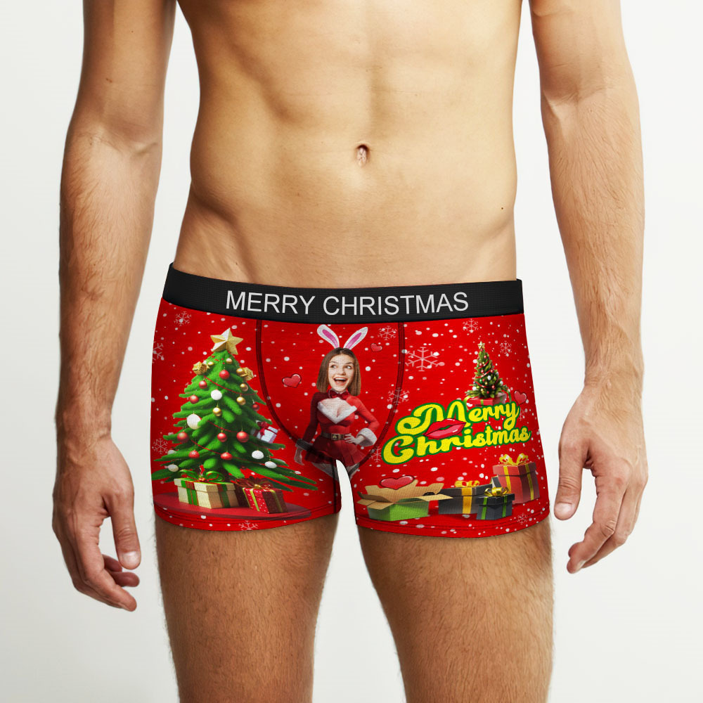 Boxer Con Foto Personalizzato Santa Bunny Girl Face Intimo Coppia Regali Regalo Di Natale Vista Ar - soufeelit