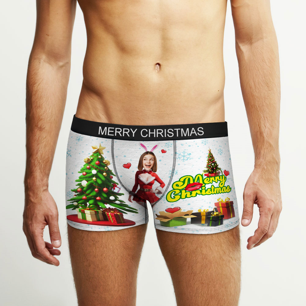 Boxer Con Foto Personalizzato Santa Bunny Girl Face Intimo Coppia Regali Regalo Di Natale Vista Ar - soufeelit