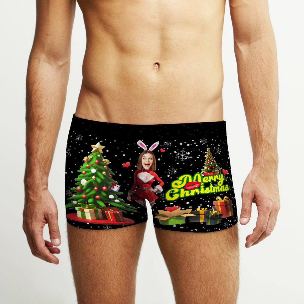 Boxer Con Foto Personalizzato Santa Bunny Girl Face Intimo Coppia Regali Regalo Di Natale Vista Ar - soufeelit