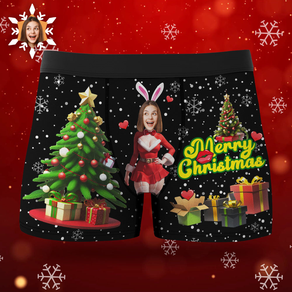 Boxer Con Foto Personalizzato Santa Bunny Girl Face Intimo Coppia Regali Regalo Di Natale Vista Ar - soufeelit