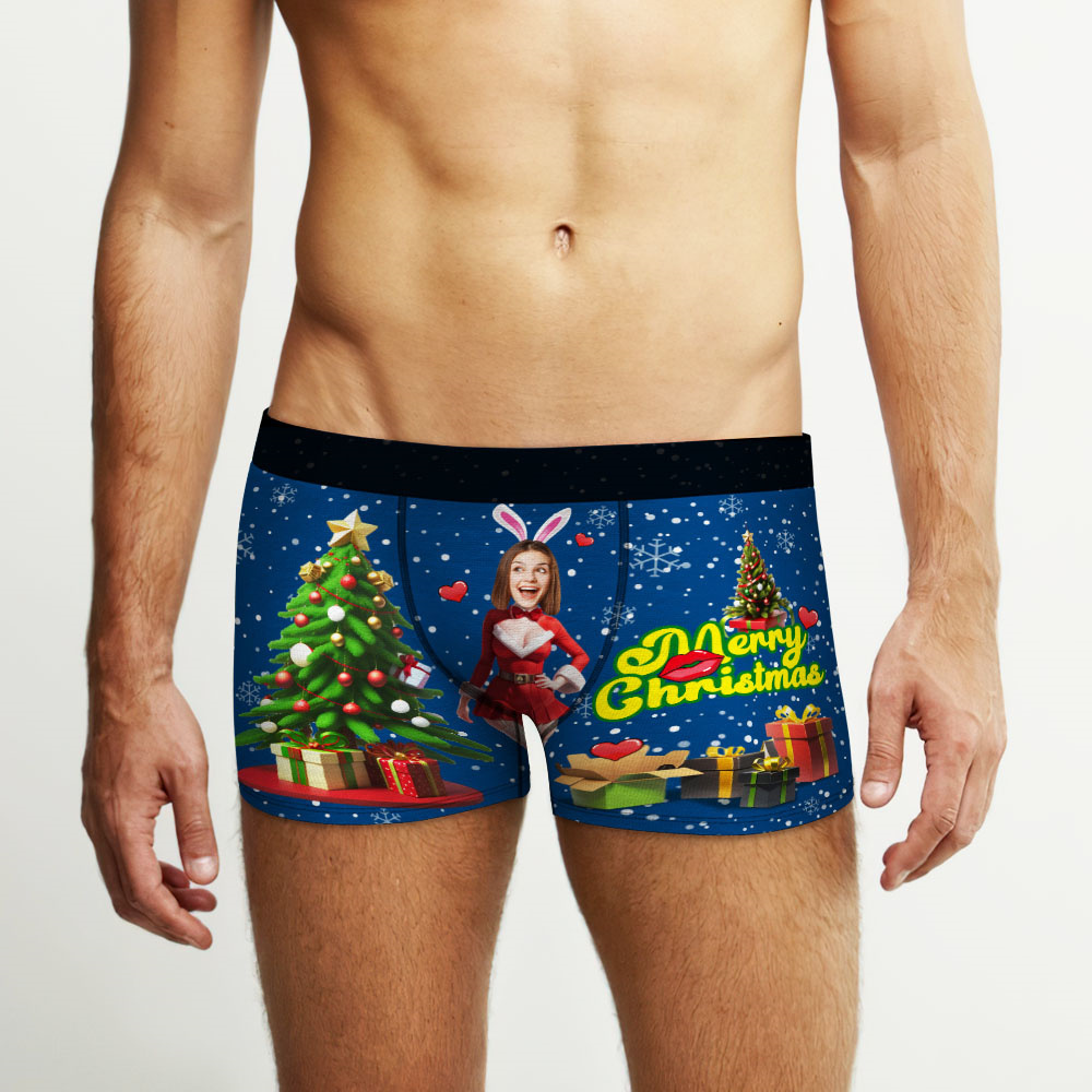 Boxer Con Foto Personalizzato Santa Bunny Girl Face Intimo Coppia Regali Regalo Di Natale Vista Ar - soufeelit