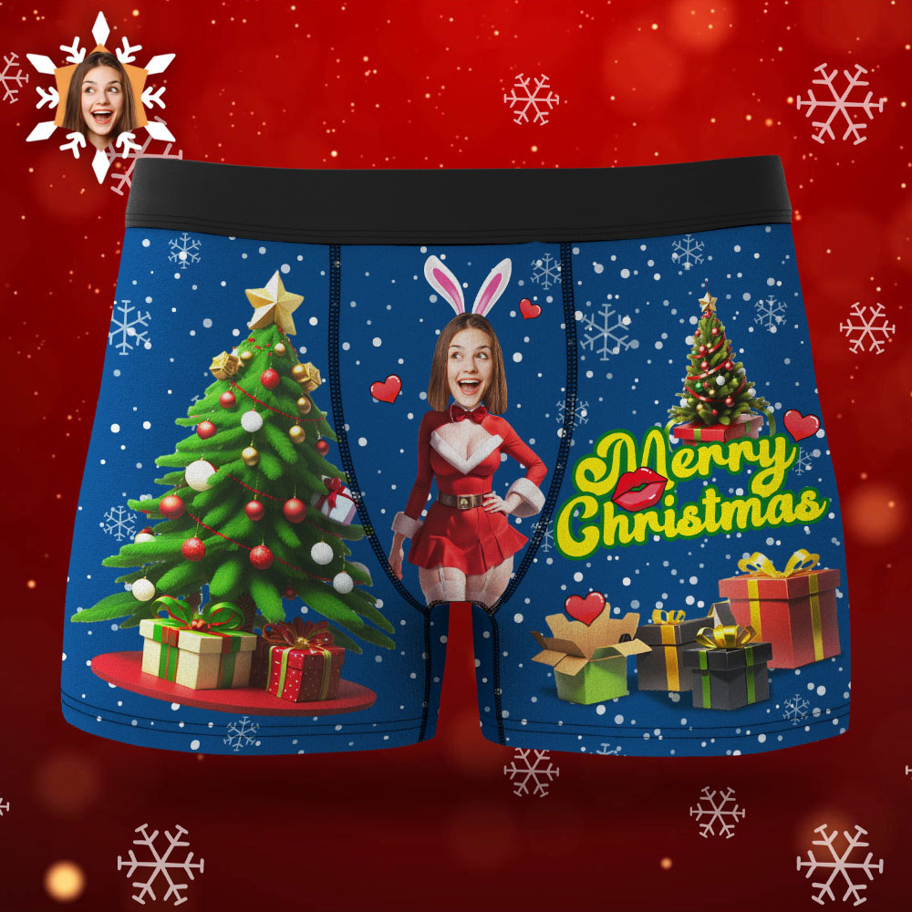 Boxer Con Foto Personalizzato Santa Bunny Girl Face Intimo Coppia Regali Regalo Di Natale Vista Ar - soufeelit