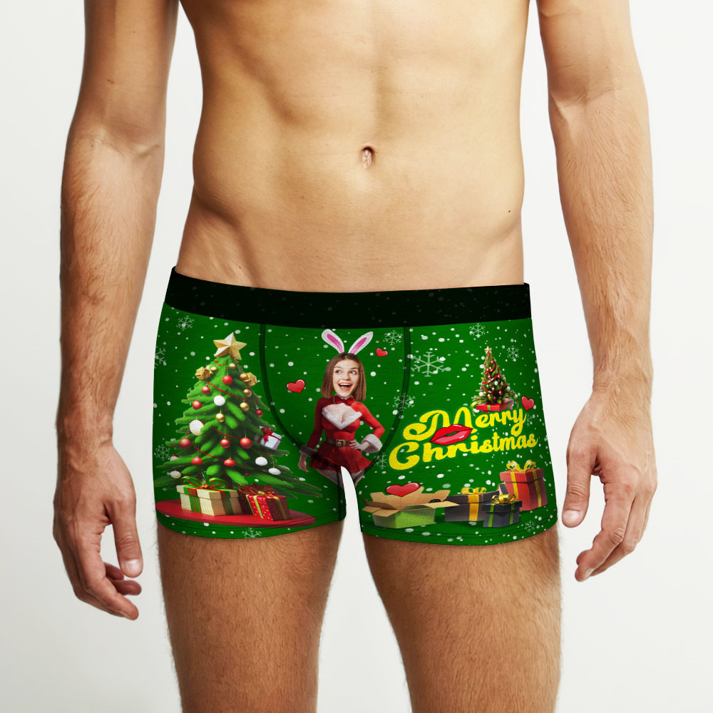 Boxer Con Foto Personalizzato Santa Bunny Girl Face Intimo Coppia Regali Regalo Di Natale Vista Ar - soufeelit