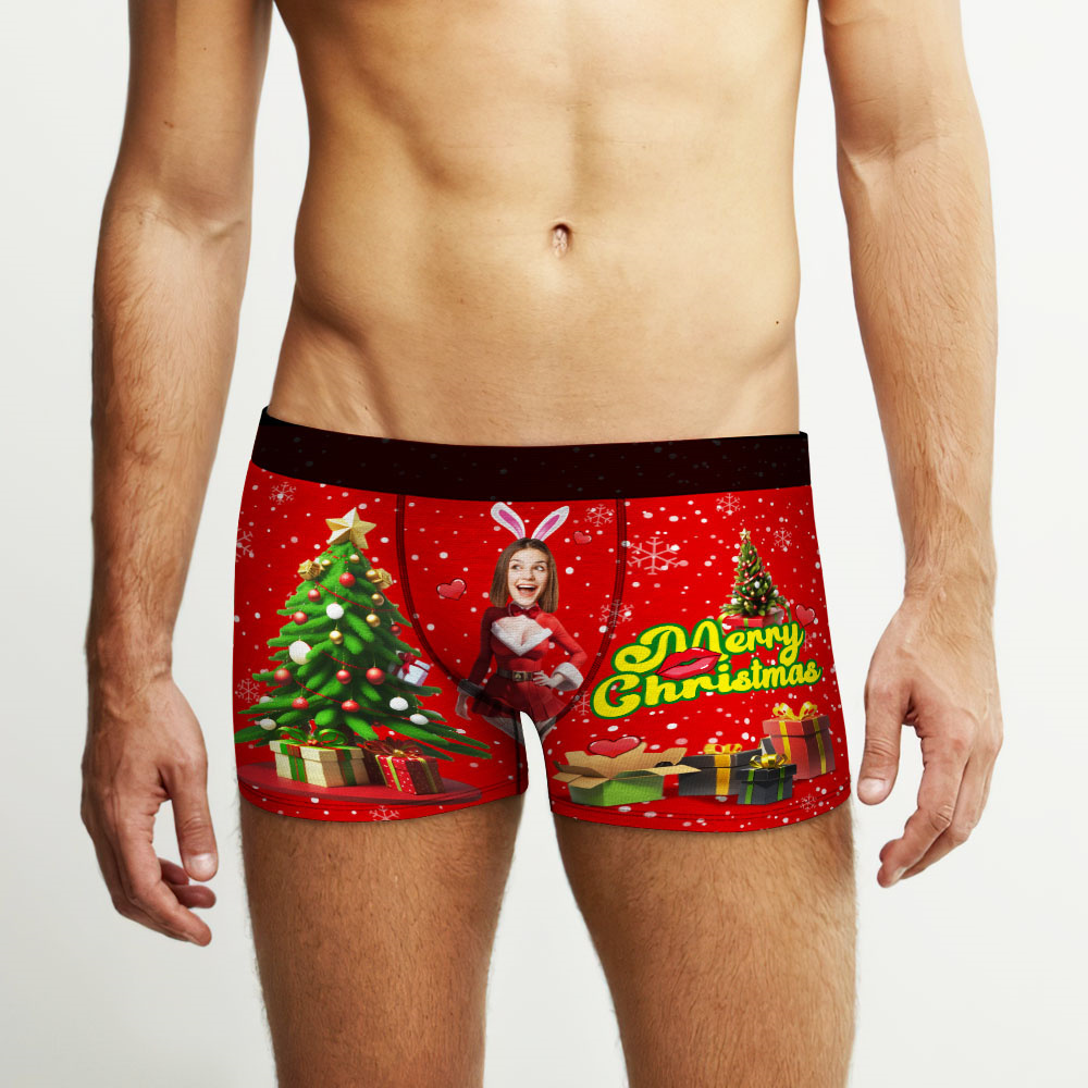 Boxer Con Foto Personalizzato Santa Bunny Girl Face Intimo Coppia Regali Regalo Di Natale Vista Ar - soufeelit