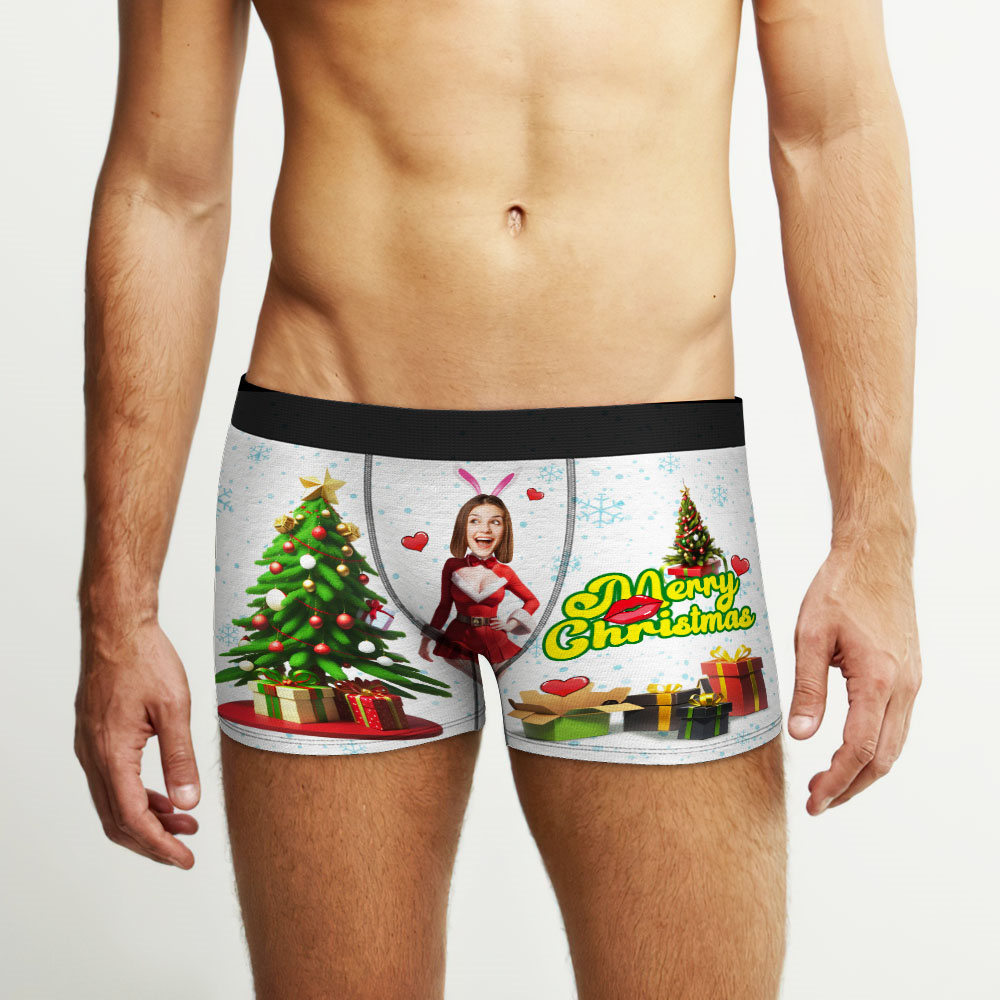 Boxer Con Foto Personalizzato Santa Bunny Girl Face Intimo Coppia Regali Regalo Di Natale Vista Ar - soufeelit