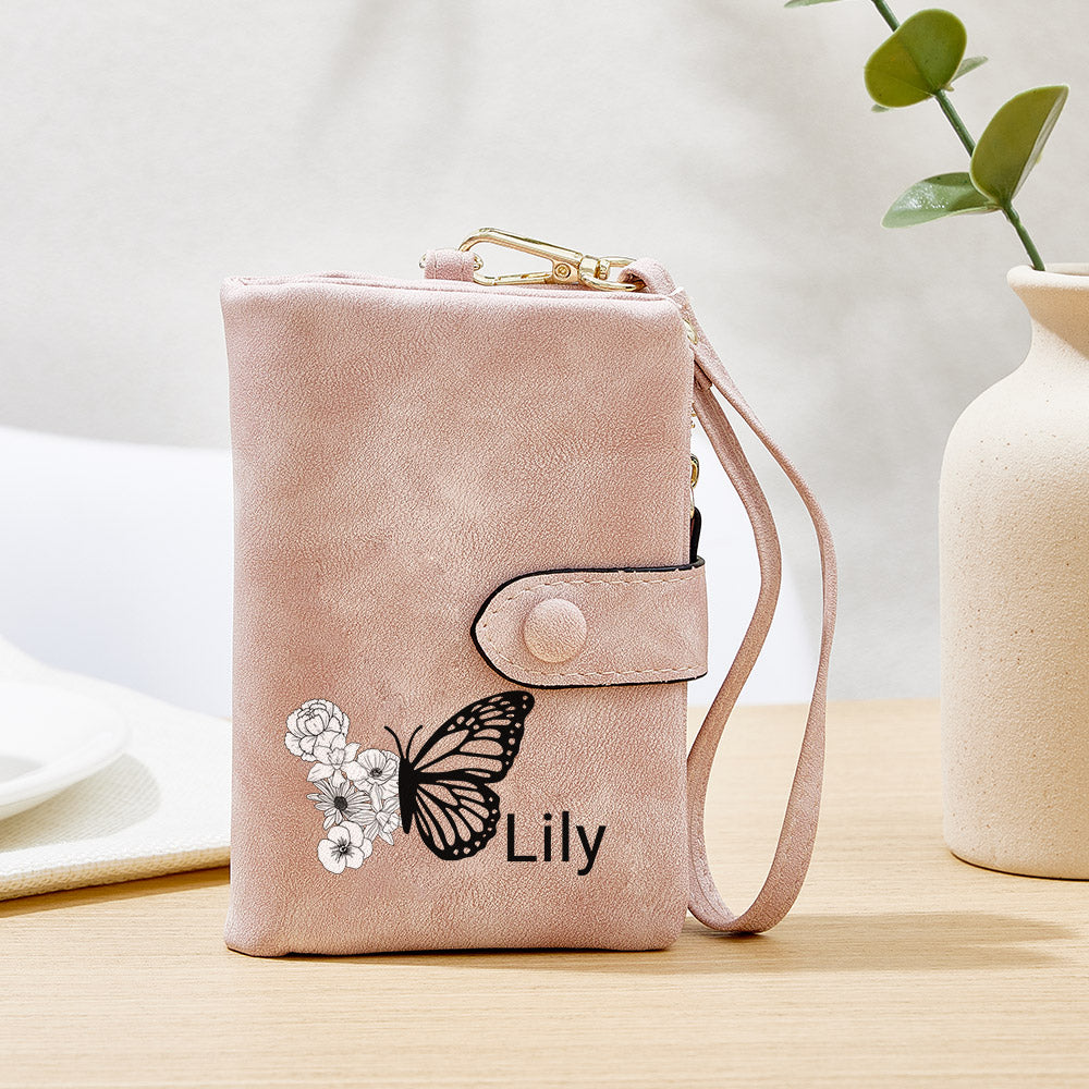 Portafoglio Personalizzato In Pelle Con Fiore Di Nascita A Farfalla, Ripiegabile A Tre, Con Portamonete, Regalo Personalizzato Per La Festa Della Mamma Per Donna - soufeelit