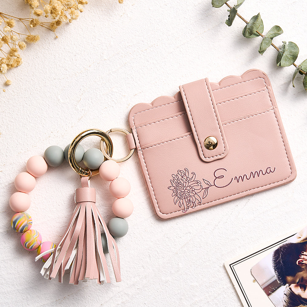 Portafoglio In Pelle Personalizzato Con Fiore Di Nascita E Bracciale Con Perline, Regalo Perfetto Per Lei. - soufeelit
