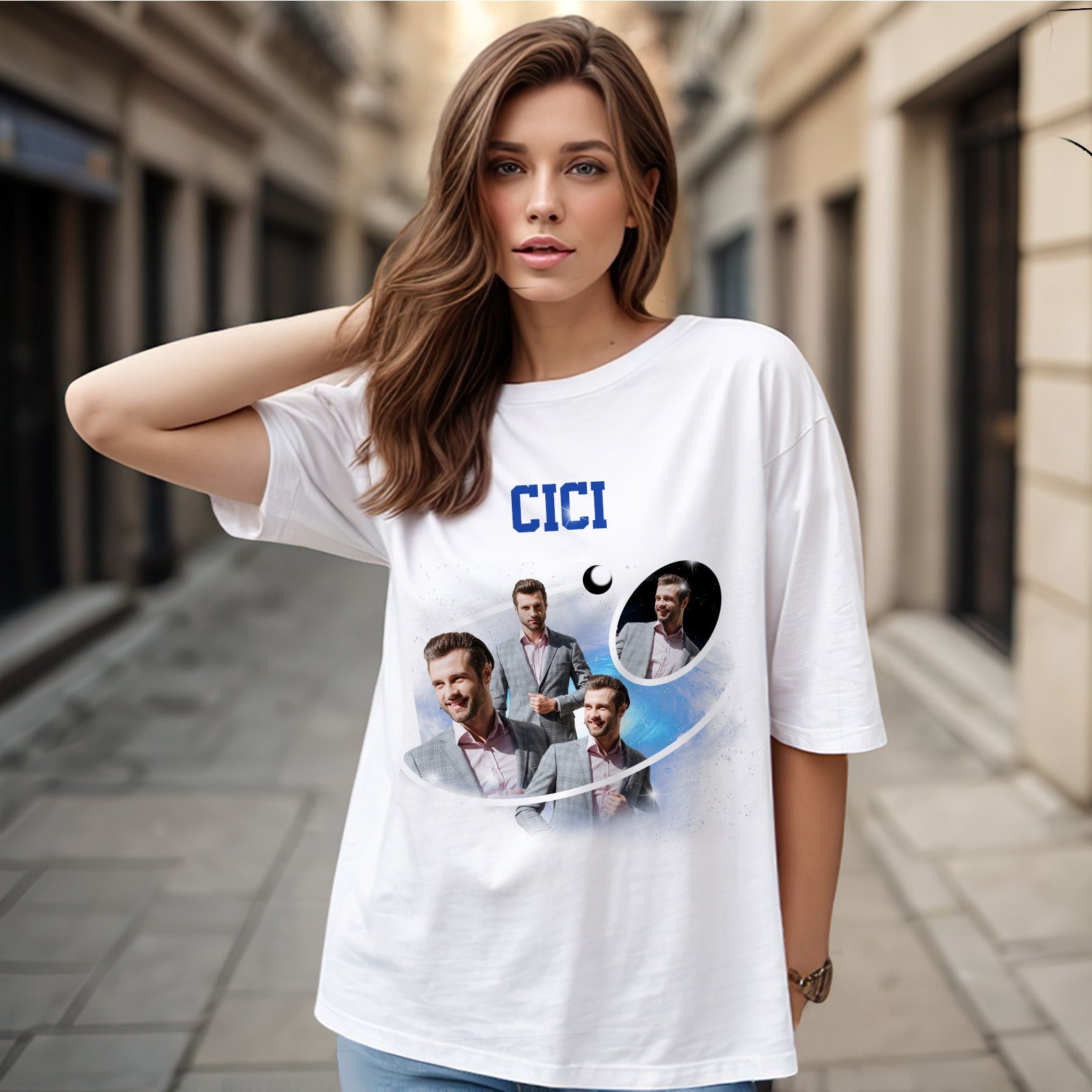 T-shirt Vintage Personalizzata Con Foto E Nome. T-shirt Vintage Con Galassia Cosmica E Luna Crescente, Regalo Per Donna