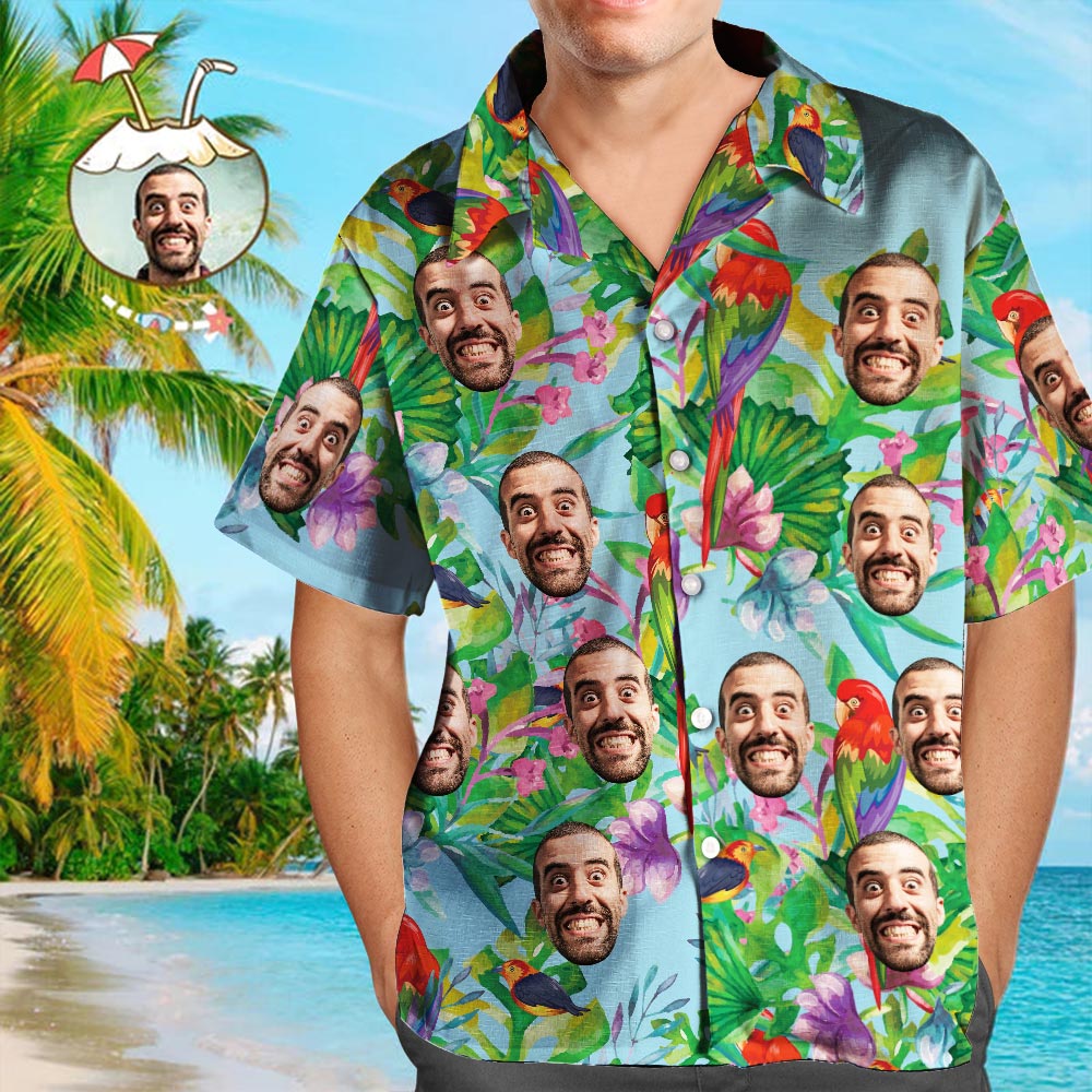 Camicia Hawaiana Con Foto Personalizzata Genitore-figlio Indossa Una Camicia Hawaiana Con Viso Personalizzato, Regalo Con Pappagallo Colorato