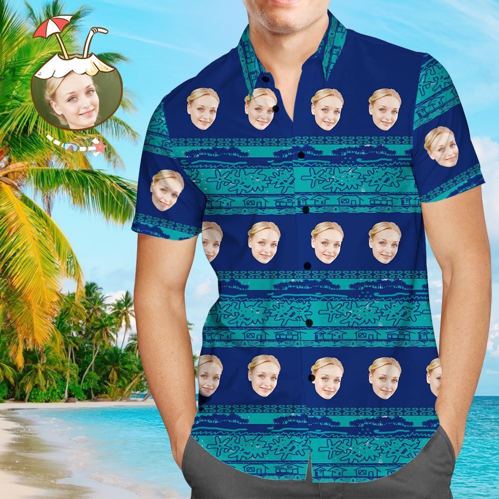 Camicie Hawaiane Personalizzate Camicia Da Uomo Divertente Muti-face Blu Personalizzata Aloha Beach