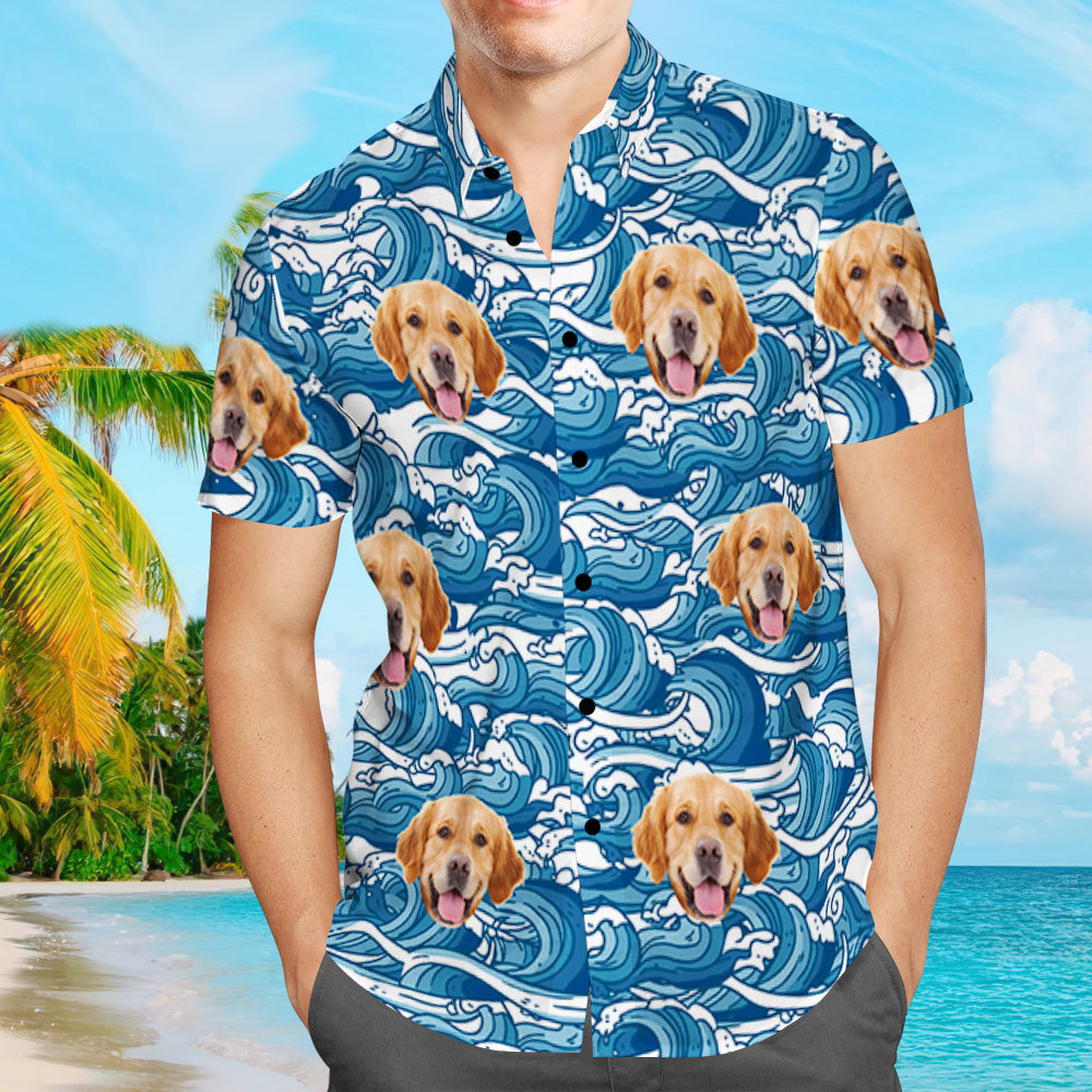 Camicie Hawaiane Personalizzate Dog Face Waves Design Camicia Aloha Beach Per Uomo
