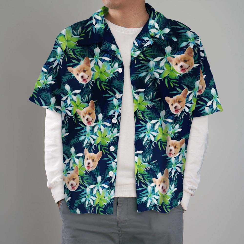 Camicia Hawaiana Personalizzata Con Faccia Camicia Hawaiana Personalizzata Con Faccia Di Cane E Foglie Camicie Tropicali