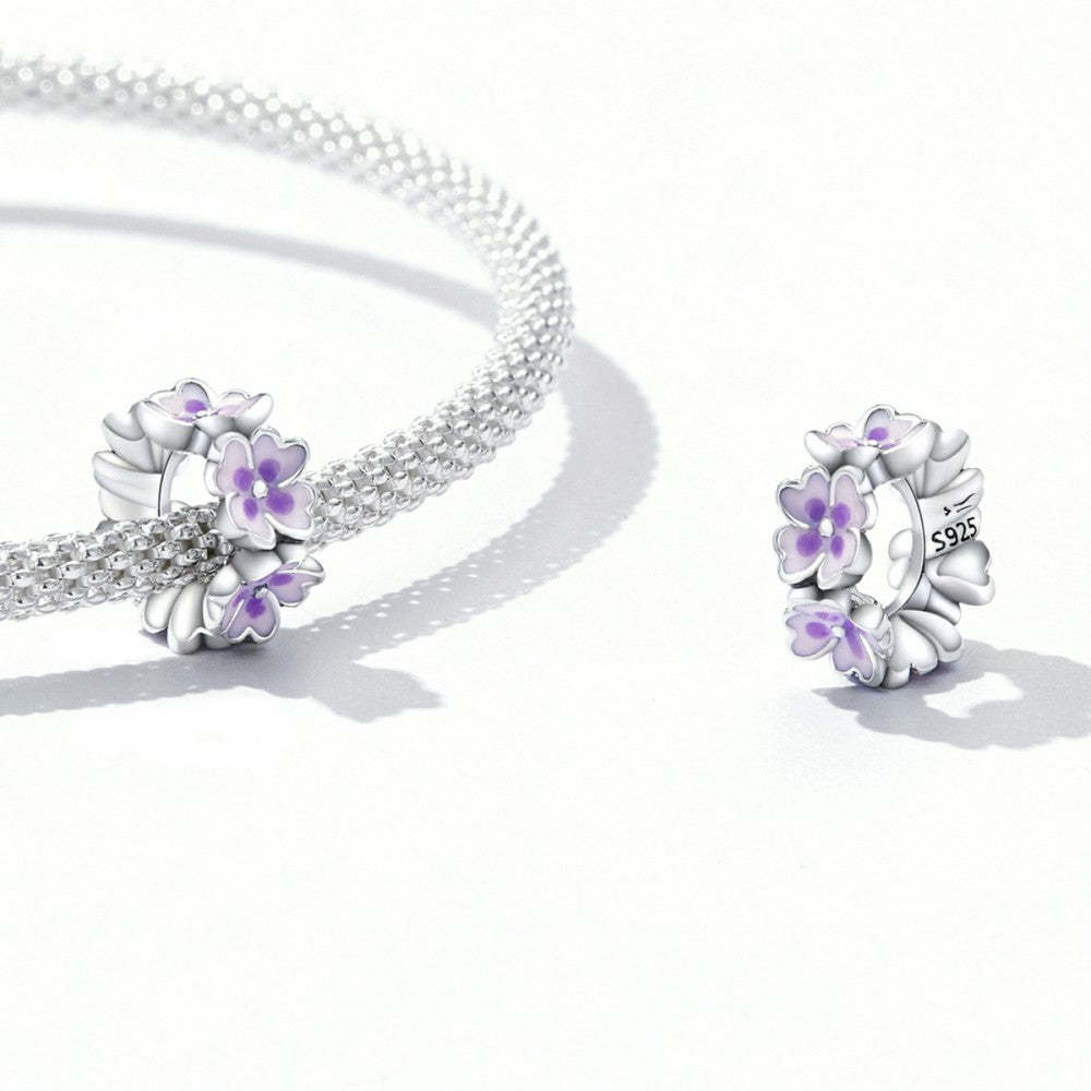 Ciondolo distanziatore con fermaglio a fiori viola in argento sterling 925 dp163