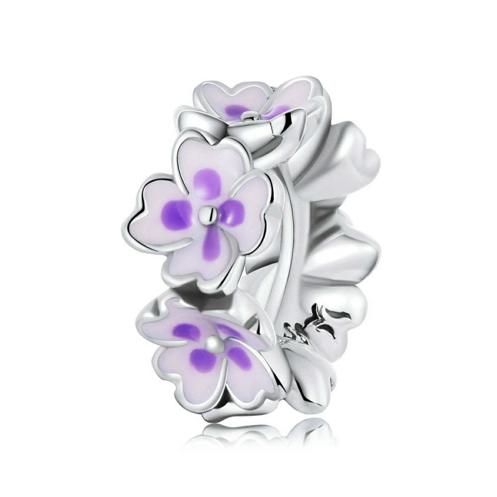 Ciondolo distanziatore con fermaglio a fiori viola in argento sterling 925 dp163