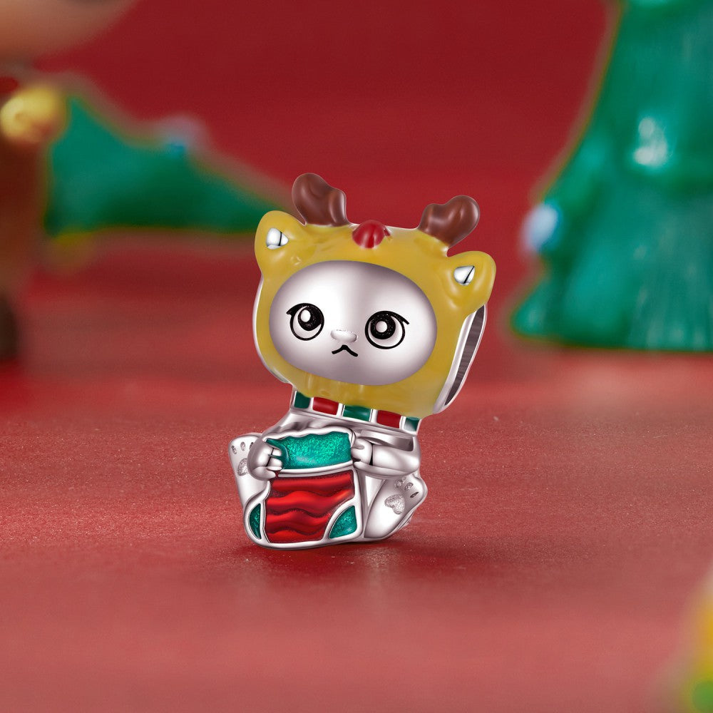 Ciondolo smaltato a forma di gatto di Natale, regali di Natale in argento sterling 925 dy1367